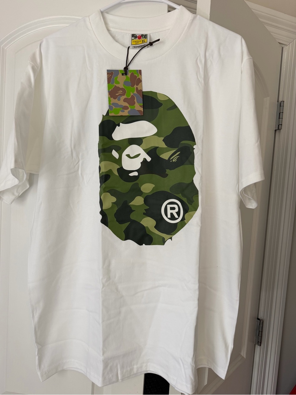 Bape White Tee with Green Camo Ape Head
